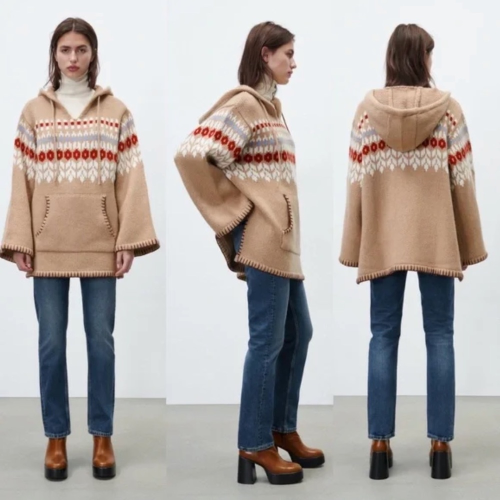 Zara limited edition brown camel Fair Isle wool jacquard poncho sweater … - Picture 14 of 14